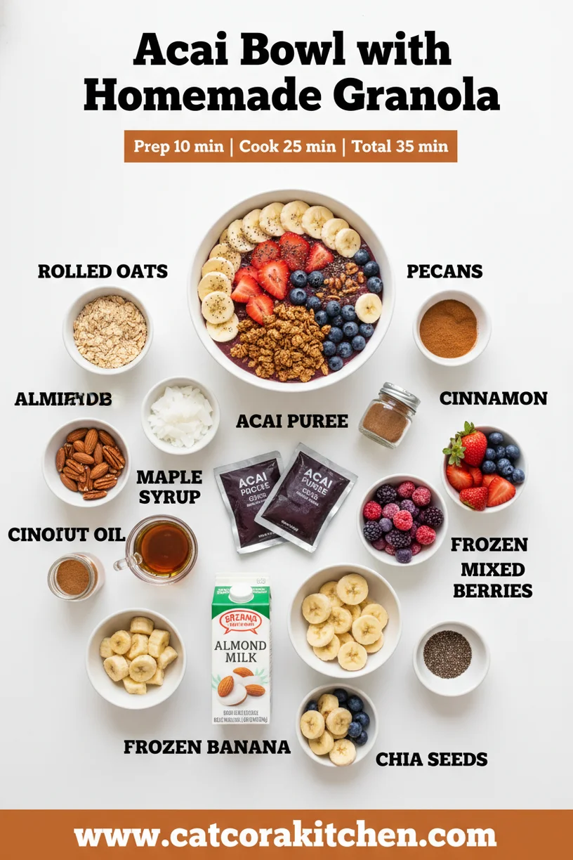 Acai bowl with homemade granola ingredients